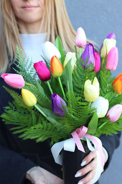 Tulipany Kolorowe, komplet dekoracji nagrobnych, kompozycja + bukiet 