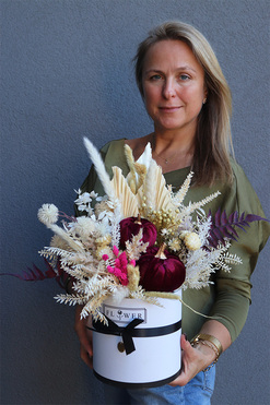 Velurowa Dynia Purple, jesienny flowerbox z suszem, wys.40cm 