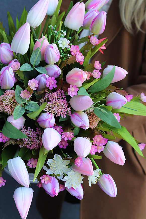 flowerbox z różowymi tulipanami, Tulippo, wys.51cm