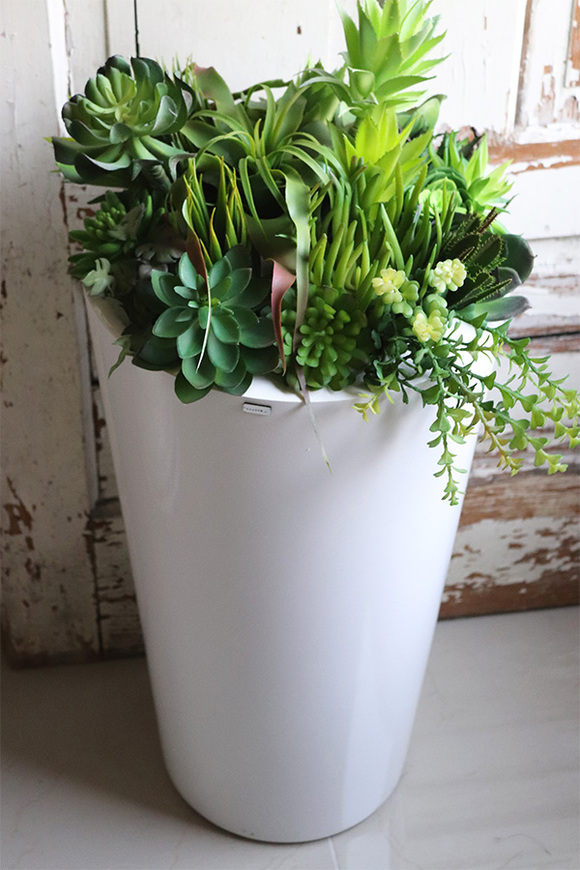 sukulenty w białej donicy, White Grande Fiberglass Suculenti, wys.80cm