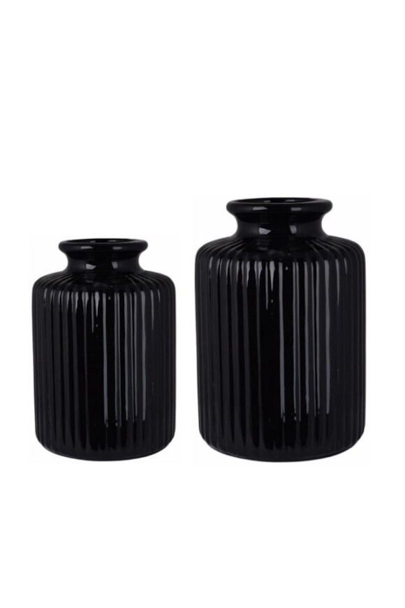 Greko, ceramiczny wazon w prążki, czarny, A, wym.12.5x12.5x18.5cm