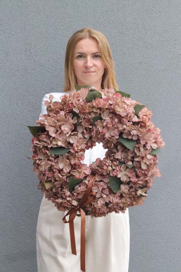 Jesienne Hortensje, wianek na drzwi z hortensji