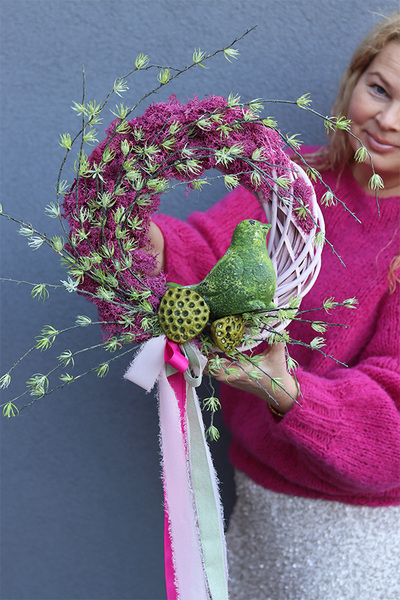 Green Bird, wiosenny wianek dekoracyjny z ptaszkiem