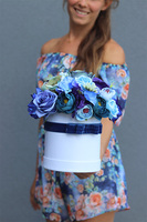 Bluestelle, niebieski flowerbox z aksamitką, wys.25cm