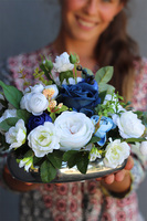 Niebieska Szwajcaria, kompozycja w srebrnym naczyniu, wym.17x30cm