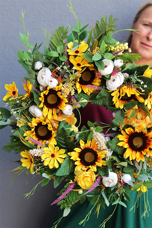 Słoneczniki, ozdobny wianek jesienny, śr.60cm