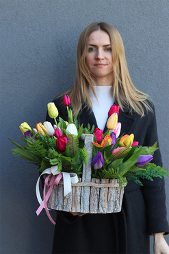 Tulipany Kolorowe, komplet dekoracji nagrobnych, kompozycja + bukiet 