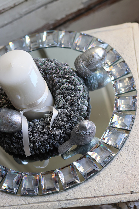 Glamour Silverano, świąteczny stroik na szklanym talerzu, śr.35cm