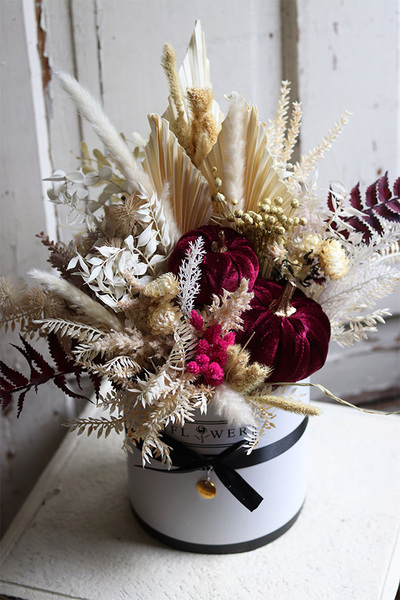 Velurowa Dynia Purple, jesienny flowerbox z suszem