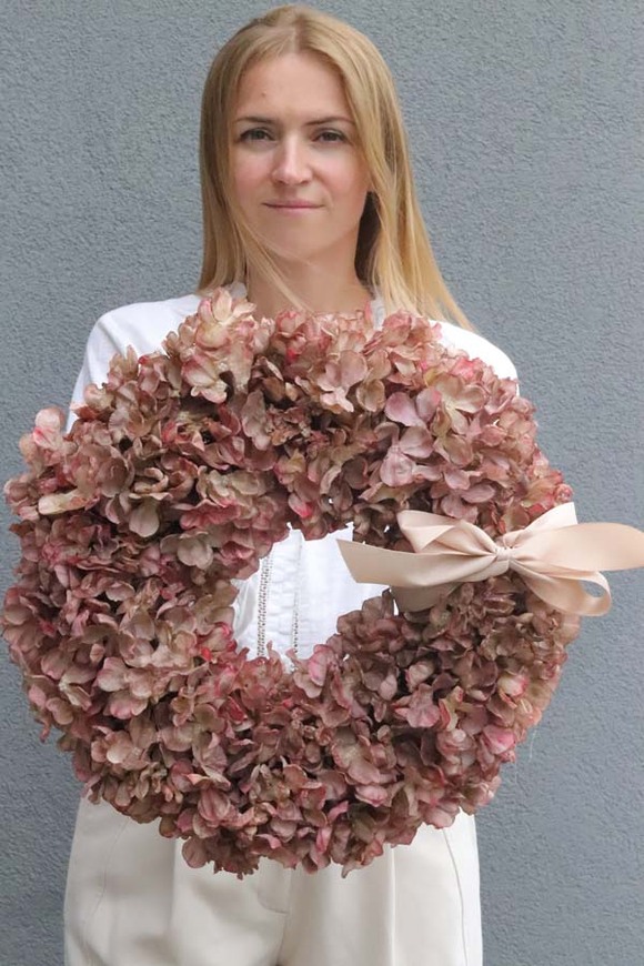 Jesienne Hortensje 2, wianek na drzwi z hortensji