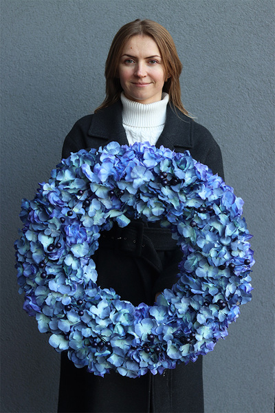 Hortensje Blue, wysokiej jakości wianek z hortensjami, śr.60cm