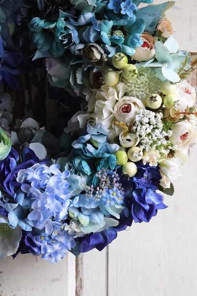 Blue Hortenya, bogaty wianek na drzwi, śr.36cm