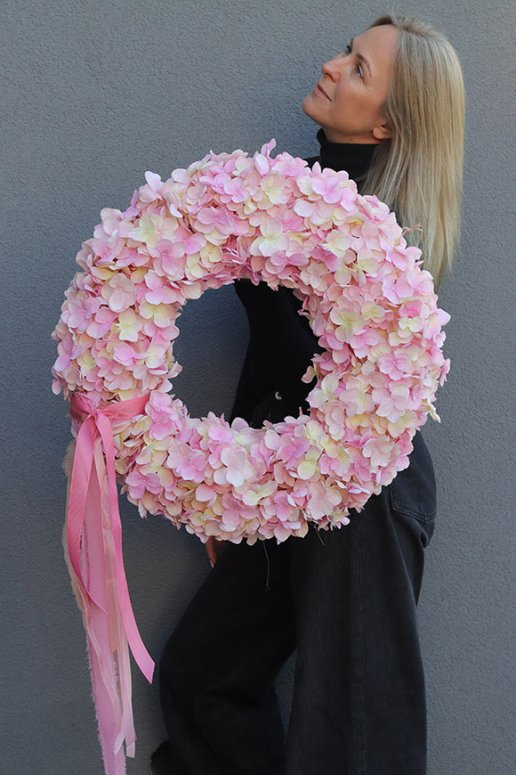 Hortensja Pink, duży wianek na drzwi