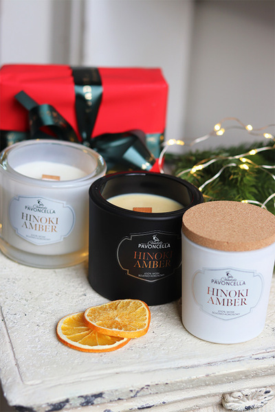 Hinoki Amber, sojowo-kokosowa świeca zapachowa w szkle