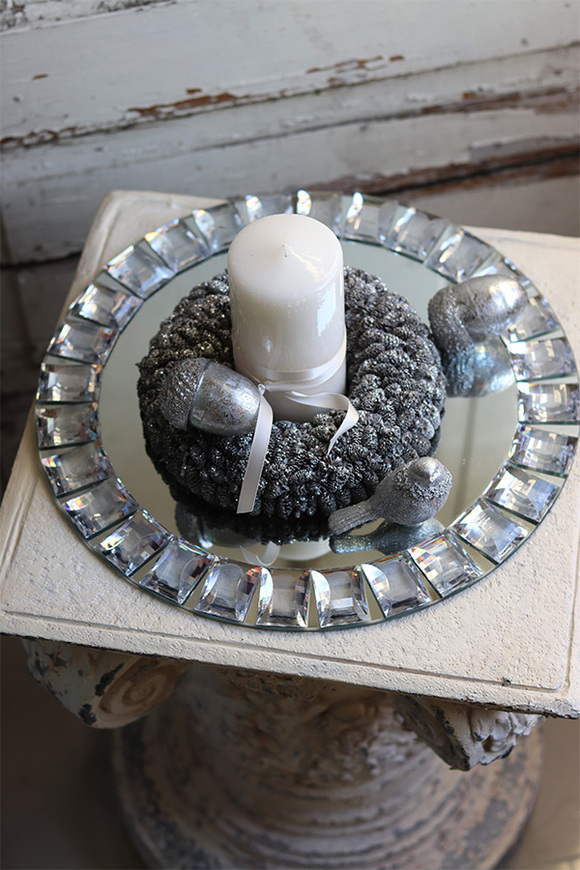 Glamour Silverano, świąteczny stroik na szklanym talerzu, śr.35cm