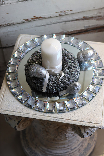 Glamour Silverano, świąteczny stroik na szklanym talerzu, śr.35cm