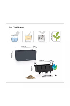 Balconera Stone, plastikowa donica z nawadnianiem, grafitowy czarny, dł.40cm