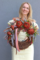 Dyniowe Welurowe, asymetryczny jesienny wianek na drzwi