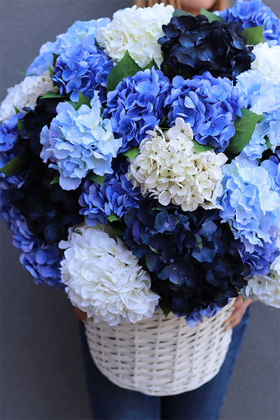 Karenao Hortensje Blue, kosz z hortensjami