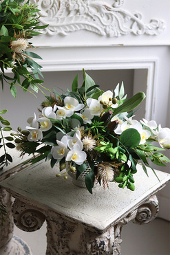 Dekoria Villano, kompozycja z orchideą w srebrnej donicy, wym.30x45cm 