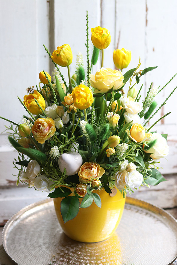 Żółta Polana, dekoracja kwiatowa z gumowymi tulipanami, wys.49cm