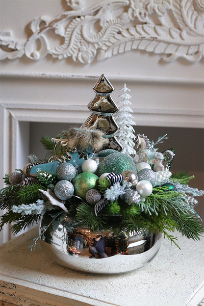 Silverita Pompadour, świąteczny stroik w szklanej misie