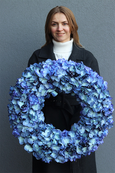 Hortensje Blue, wysokiej jakości wianek z hortensjami, śr.60cm