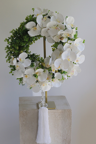 Orchidelia White Glamour, asymetryczny wianek z chwostem