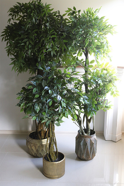 Fikus Benjamin F Gold Line, sztuczna roślina w metalowej donicy