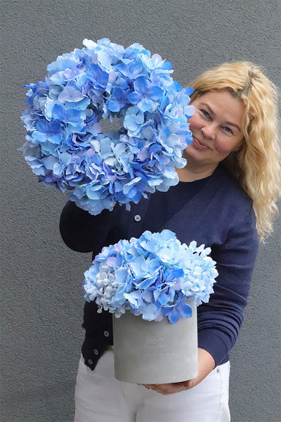Blue Hydrangeas, szary flowerbox z kwiatami