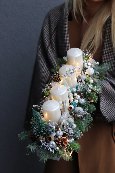 adwentowy stroik, Biała Zima LED