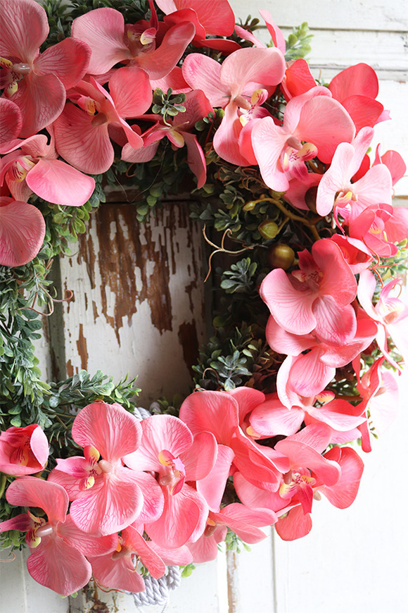 asymetryczny wianek z chwostem, Orchidelia Pink Koral, śr.42cm   