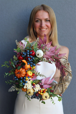 Lunera, barwny jesienny wianek z owocami, śr.34cm 