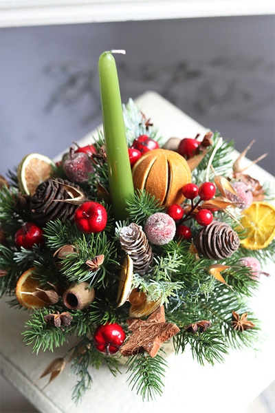Kolory Świąt, świąteczny stroik ze świecą