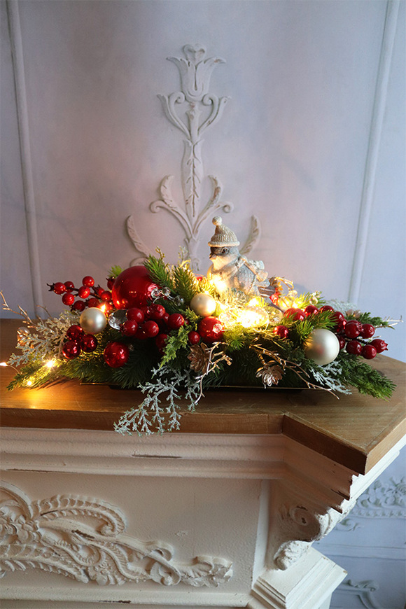 Winter Bird, świąteczny stroik LED na tacce