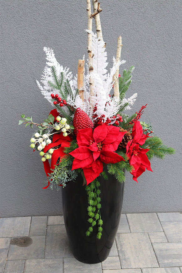 Black Grande Fiberglass, komozycja zimowa w czarnej donicy z fiberglass (połysk), wys.120cm