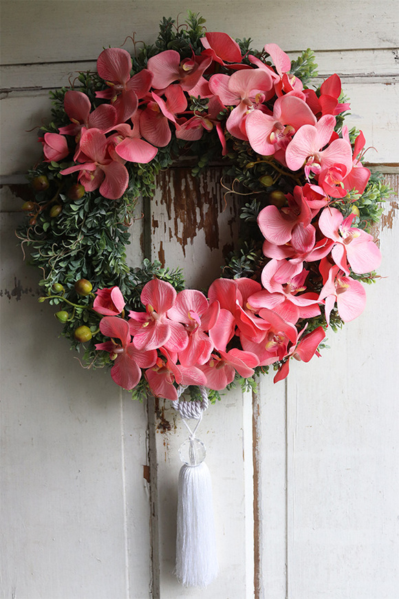 asymetryczny wianek z chwostem, Orchidelia Pink Koral, śr.42cm   