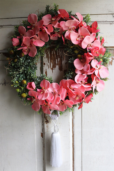 asymetryczny wianek z chwostem, Orchidelia Pink Koral, śr.42cm   