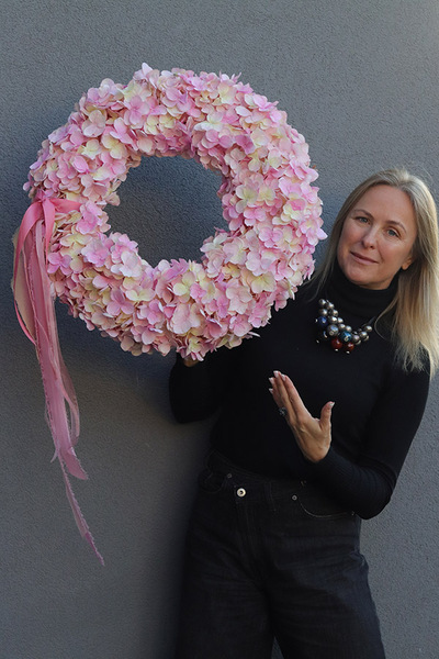 Hortensja Pink, duży wianek na drzwi