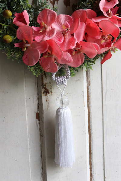 asymetryczny wianek z chwostem, Orchidelia Pink Koral, śr.42cm   