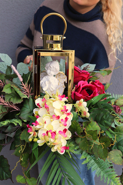 Angelo Garden Bordo 3, złoty lampion nagrobny z kwiatami