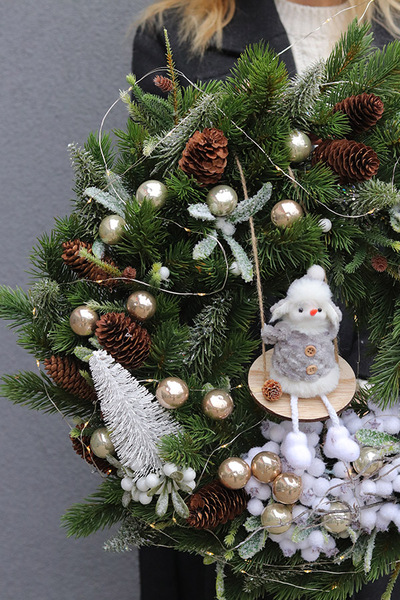 uroczy świąteczny wianek, Bałwanek na Huśtawce, śr.52cm