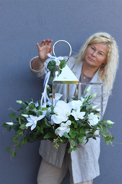 Angelo Garden White Lux, kompozycja nagrobna z aniołem i lampionem, wys.50cm 