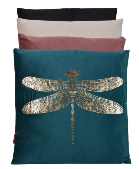 Jardin, poduszka welurowa z ważką, kwadratowa, różowa, wym.45x45cm