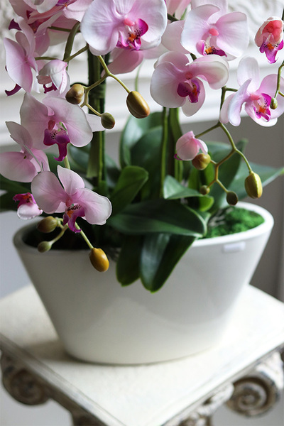 Różowe Chwile, sztuczny storczyk w białej donicy