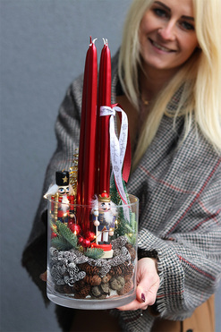 Najpiękniejsza Czerwień LED, adwentowy stroik w szkle, wys.42cm  