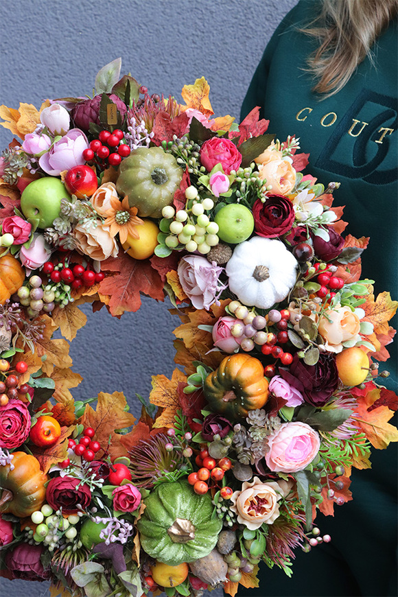 Dyniowe Szaleństwo Herulera, wianek jesienny z owocami