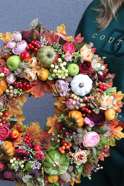 Dyniowe Szaleństwo Herulera, wianek jesienny z owocami