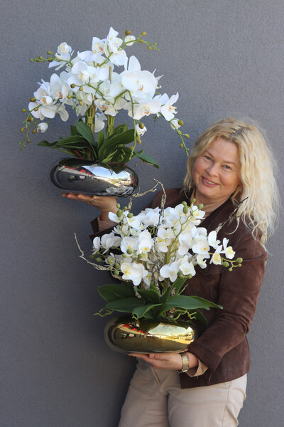 Bellana Silver, sztuczny storczyk w srebrnej misie