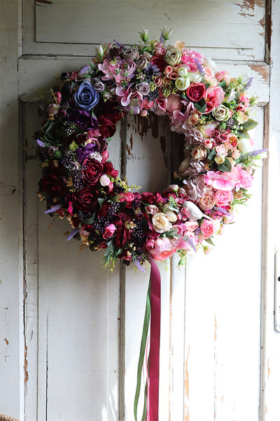 Bellania Jesienna, bogaty wianek kwiatowy z wstążkami, śr.54cm 